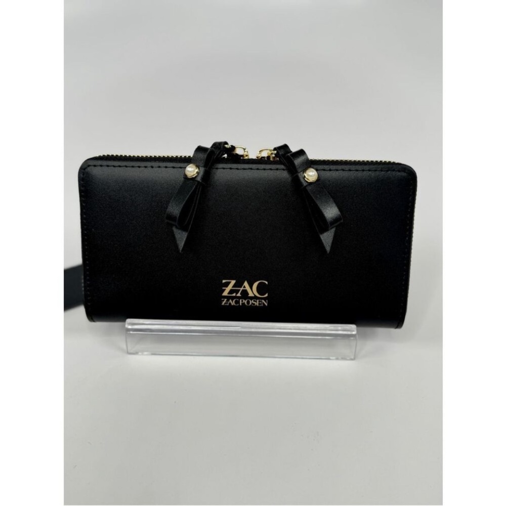 ZAC POSEN Eartha Mini Bow Zipper Leather Continental Pearl Wallet Black NWT
